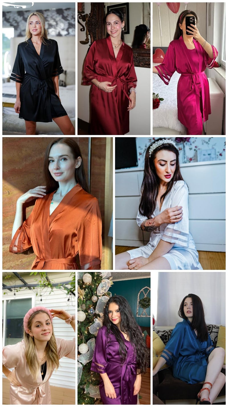 Ekouaer Women's Satin Robe Silk Kimono Bathrobe Bridesmaid Wedding Bridal Party Robes 3/4 Bell Sleeve Sleepwear Black Medium - Image 5